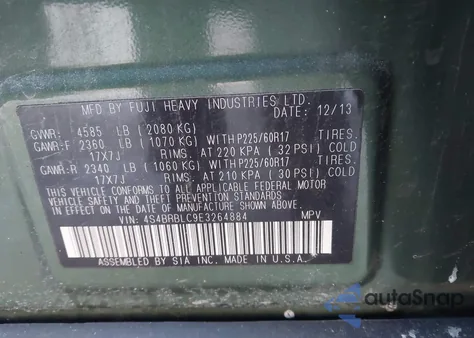 2014 Subaru Outback 2.5I Limited z USA, uszkodzony, nr VIN 4S4BRBLC9E3264884